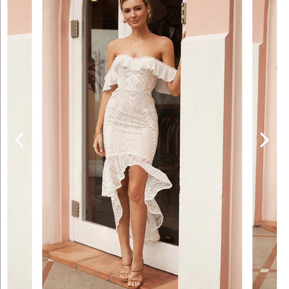 White off the shoulder high low dress